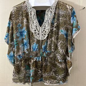 Romantic Blue Floral Boho Peasant Blouse Flutter Sleeve Flowy Leopard Cinched D